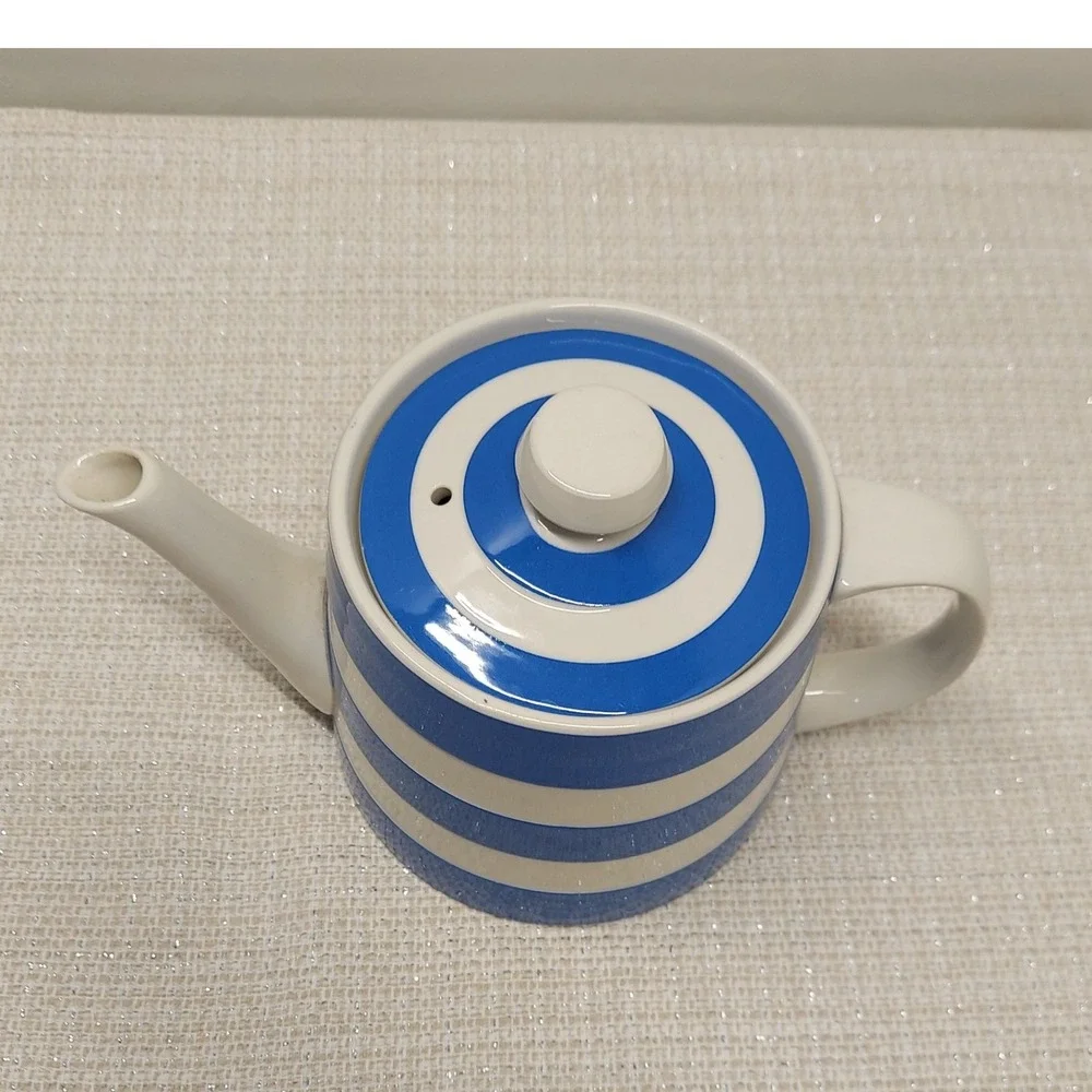 TG Green Cornish Kitchenware teapot Judith Onions England Ceramic Blue Stripe